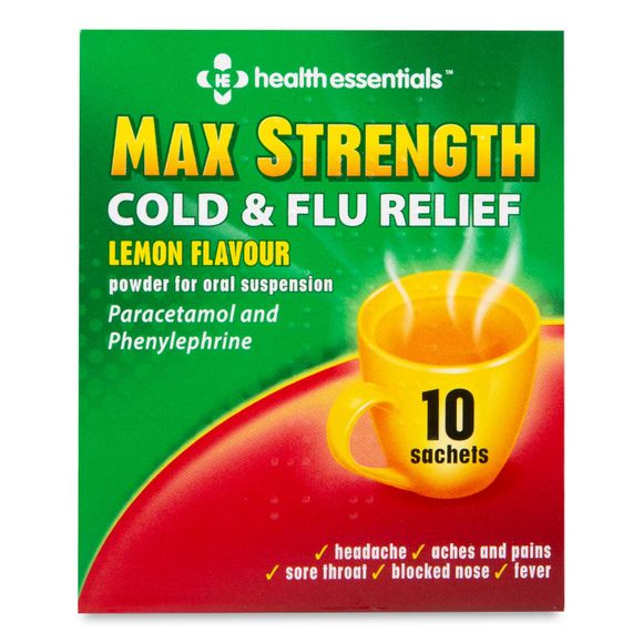 Health Essentials Max Strength Cold And Flu Relief Lemon Flavour Powder For Oral Suspension 10 Pack